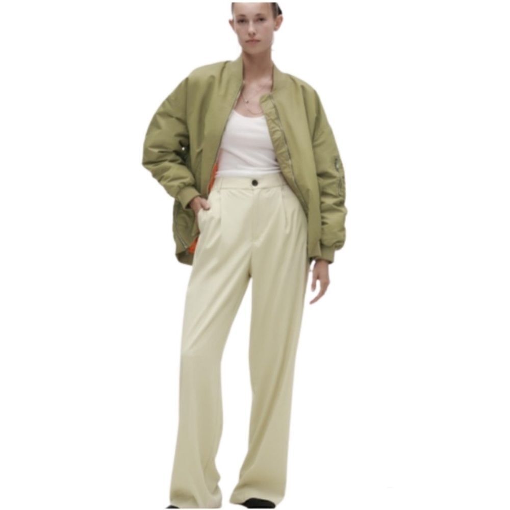 NWT Zara Full Length Trousers Pant Size M green wide straight leg loose PANTS